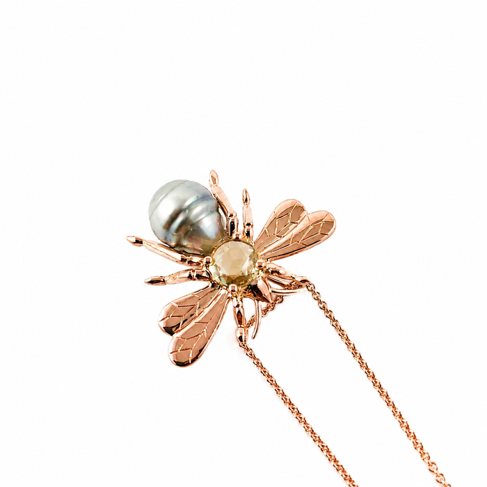 Bee insect Tahitian pearl, yellow rose cut sapphire, 14k rose gold pendant necklace