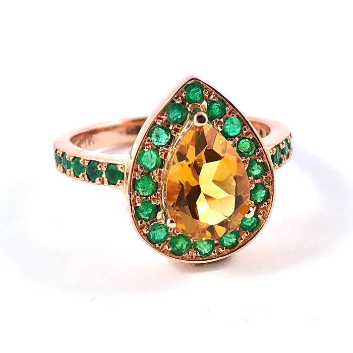 Citrine pear and emerald halo rose gold alternative engagement ring - Customise size, halo gemstones and gold colour