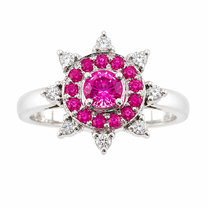 Australian pink sapphire pink ruby diamond 14k white gold flower ring