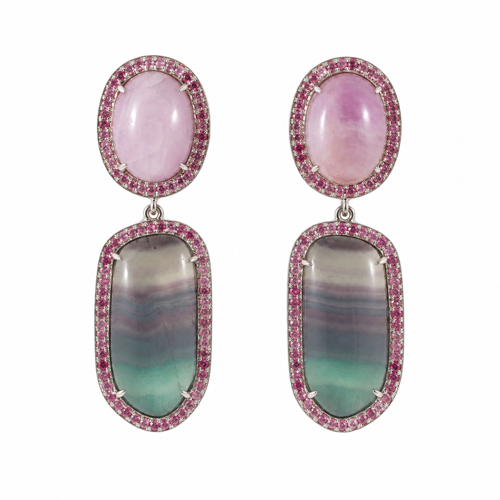 Rainbow fluorite, kunzite, pink sapphire halo silver dangle earrings