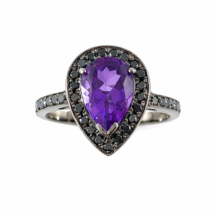 Amethyst pear gemstone halo gold ring - Customise size, halo gemstones and gold colour
