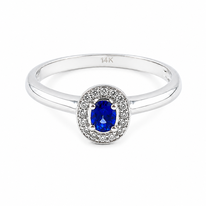 Ceylon sapphire oval and white diamond halo 14k white gold ring