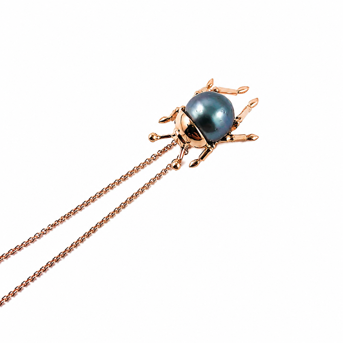 Beetle insect Tahitian pearl, 14k rose gold pendant necklace