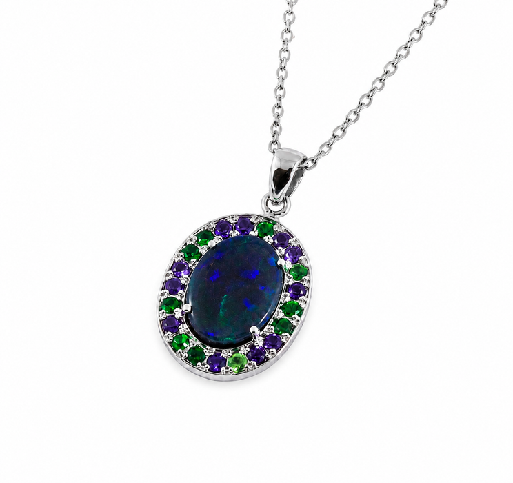 Australian opal Tsavorite garnet and amethyst halo white gold pendant necklace