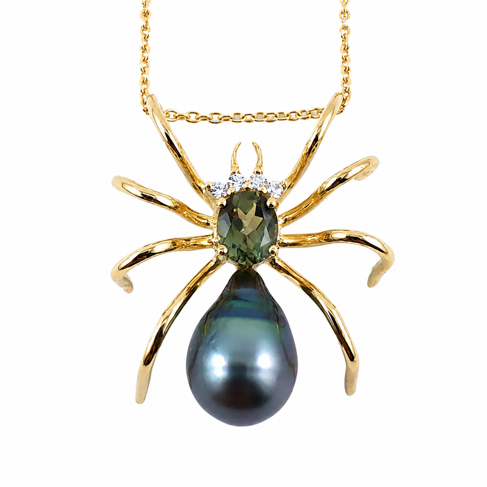 Spider arachnid insect Tahitian pearl Australian parti sapphire 14k yellow gold pendant necklace
