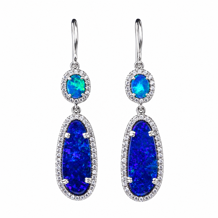 Blue opal diamond halo 925 silver dangle earrings - Ready to ship