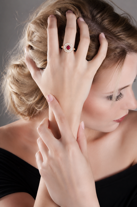 Red spinel oval and diamond rose gold ring