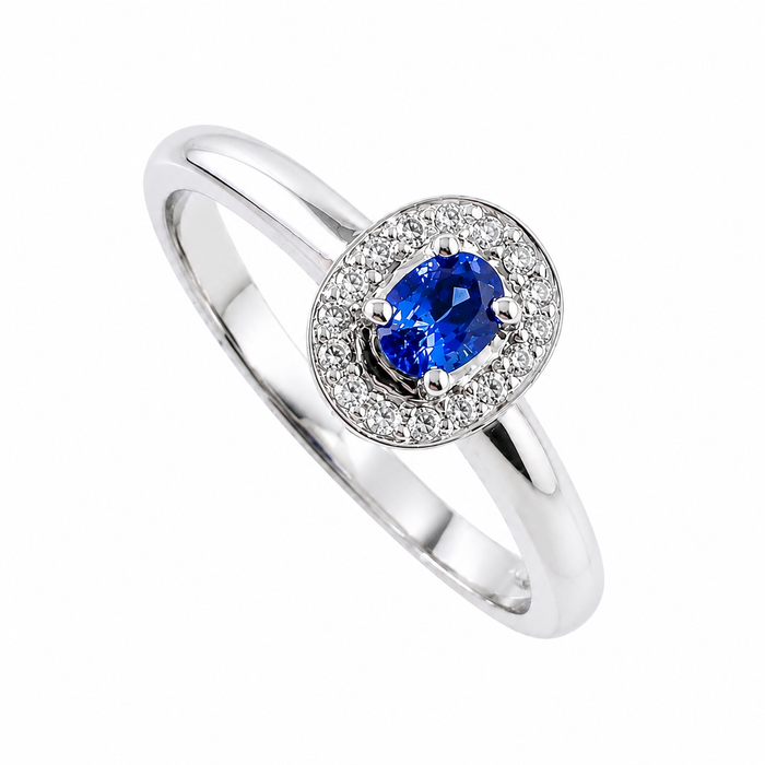 Ceylon sapphire oval and white diamond halo 14k white gold ring