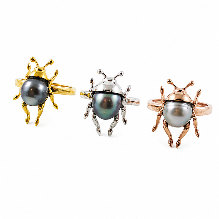 Beetle bug insect Tahitian pearl 14k white gold ring