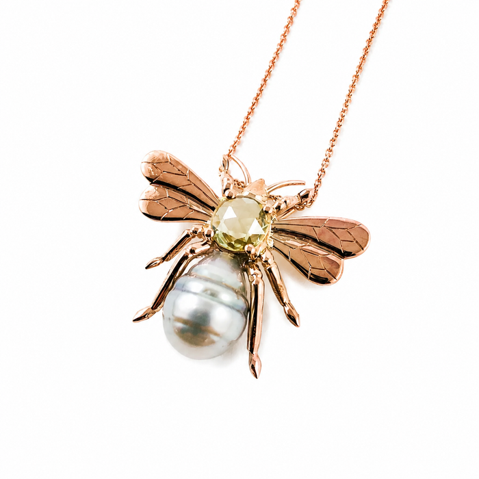 Bee insect Tahitian pearl, yellow rose cut sapphire, 14k rose gold pendant necklace