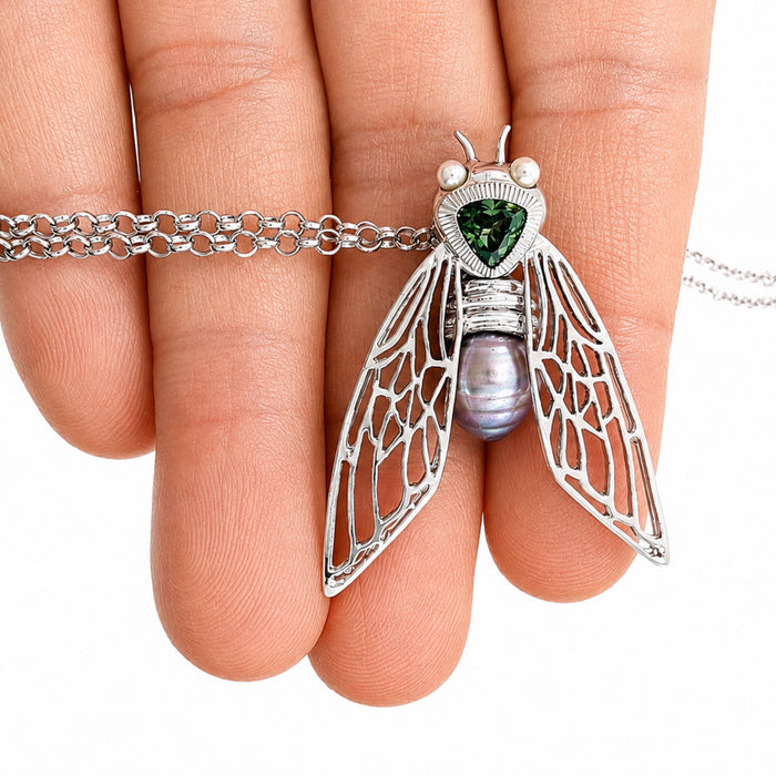 Cicada insect Tahitian pearl Australian green trillion cut sapphire rhodium plated silver pendant necklace