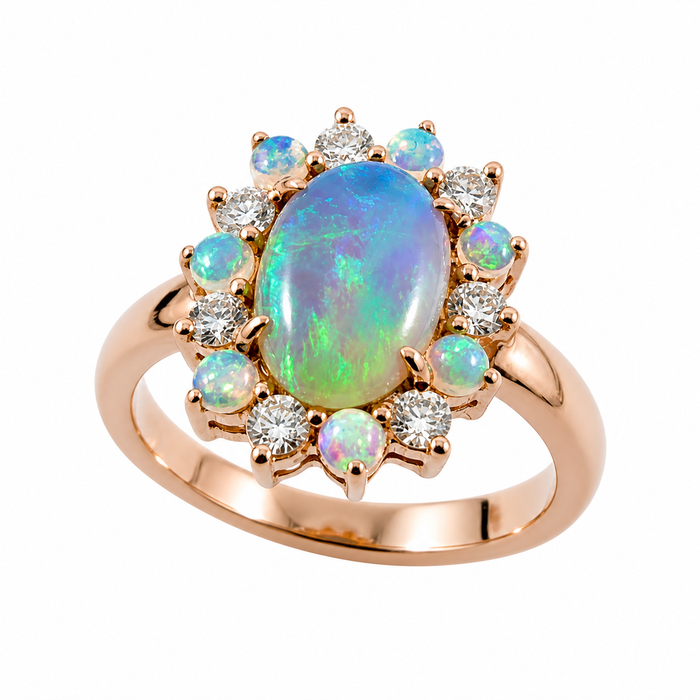 Australian black opal and diamond halo 14k rose gold ring