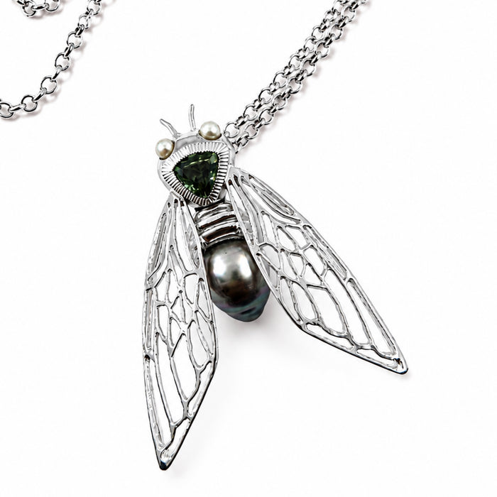 Cicada insect Tahitian pearl Australian green trillion cut sapphire rhodium plated silver pendant necklace