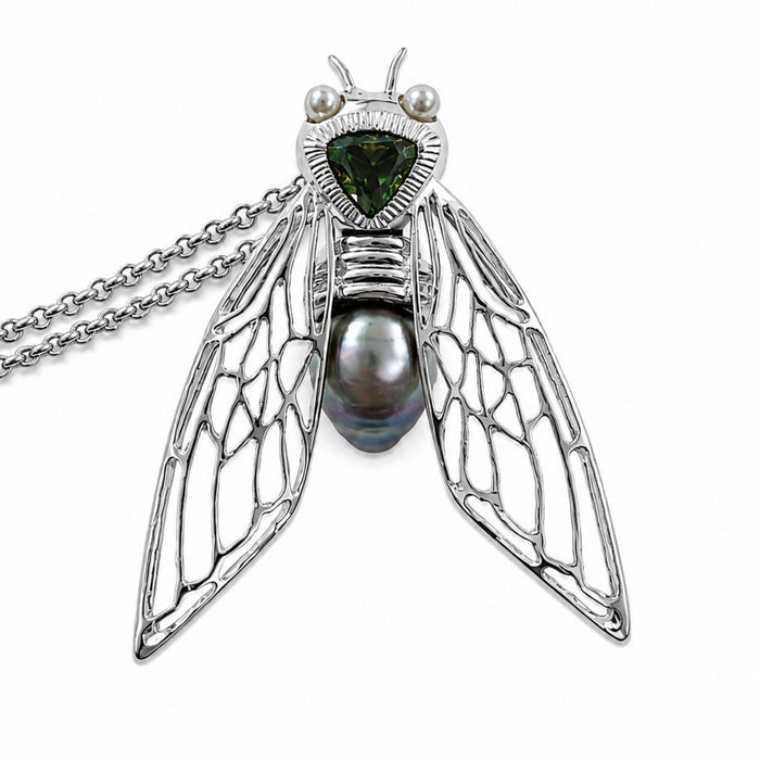 Cicada insect Tahitian pearl Australian green trillion cut sapphire rhodium plated silver pendant necklace