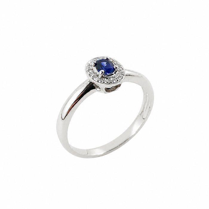 Ceylon sapphire oval and white diamond halo 14k white gold ring