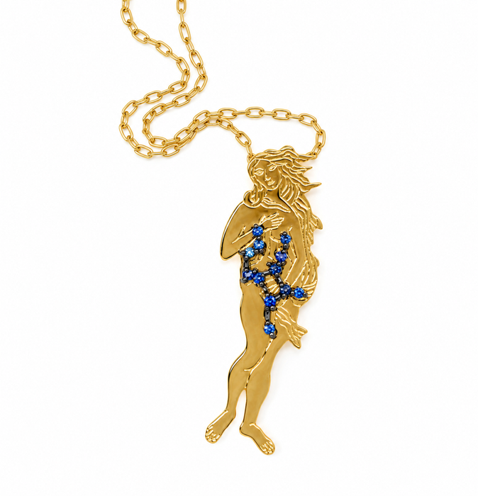 Virgo as Botticelli's Venus solid gold Virgo constellation blue sapphire birthstone pendant