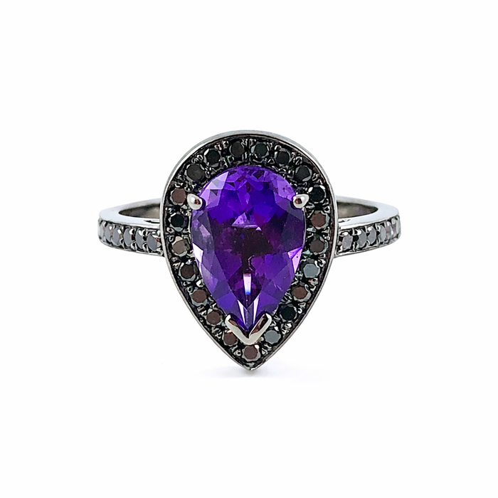 Amethyst pear gemstone halo gold ring - Customise size, halo gemstones and gold colour