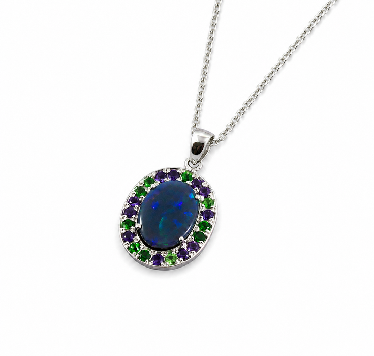 Australian opal Tsavorite garnet and amethyst halo white gold pendant necklace