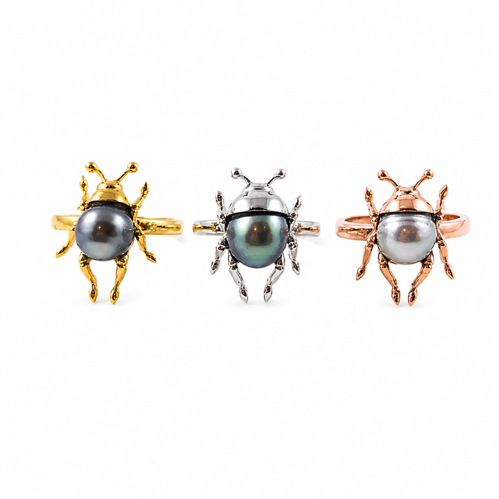Beetle bug insect Tahitian pearl 14k yellow gold ring