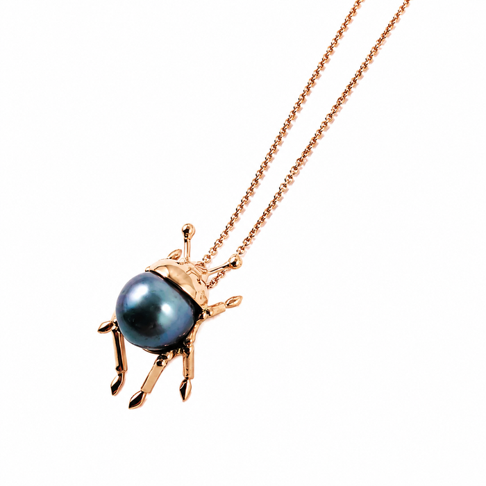 Beetle insect Tahitian pearl, 14k rose gold pendant necklace