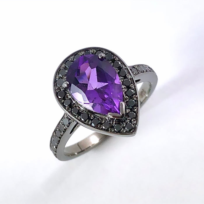 Amethyst pear gemstone halo gold ring - Customise size, halo gemstones and gold colour
