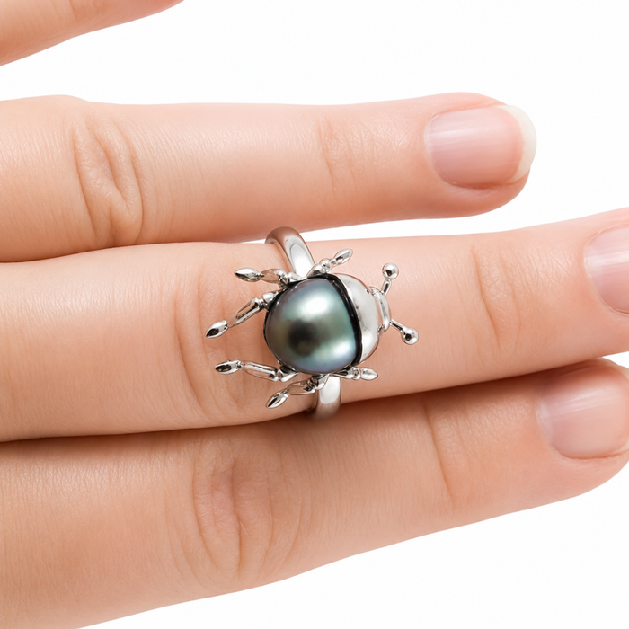 Beetle bug insect Tahitian pearl 14k white gold ring