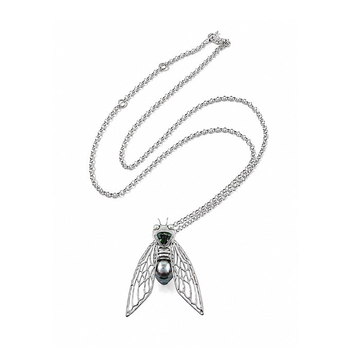 Cicada insect Tahitian pearl Australian green trillion cut sapphire rhodium plated silver pendant necklace