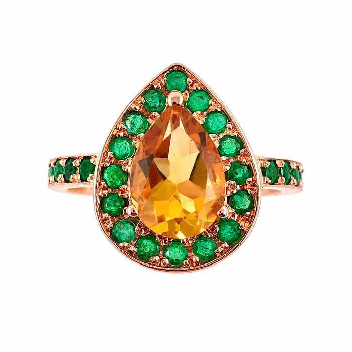 Citrine pear and emerald halo rose gold alternative engagement ring - Customise size, halo gemstones and gold colour