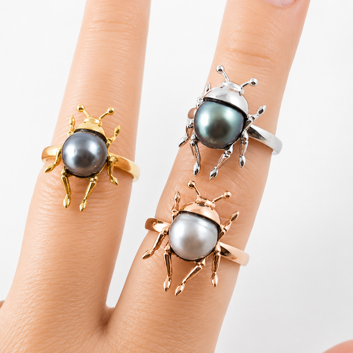 Beetle bug insect Tahitian pearl 14k white gold ring