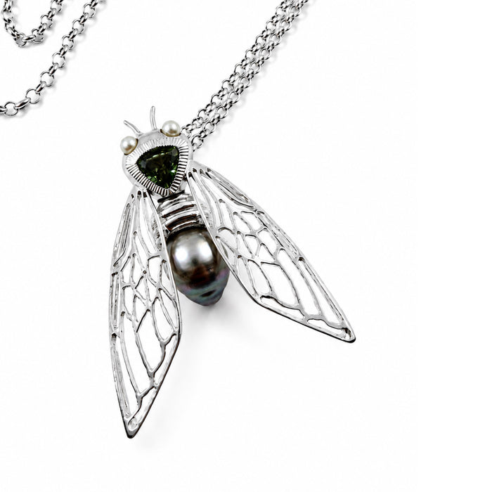 Cicada insect Tahitian pearl Australian green trillion cut sapphire rhodium plated silver pendant necklace