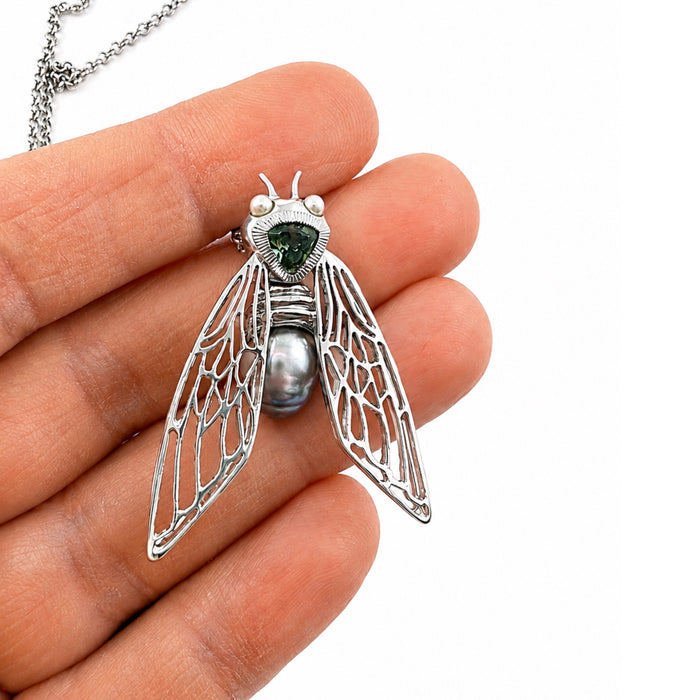 Cicada insect Tahitian pearl Australian green trillion cut sapphire rhodium plated silver pendant necklace