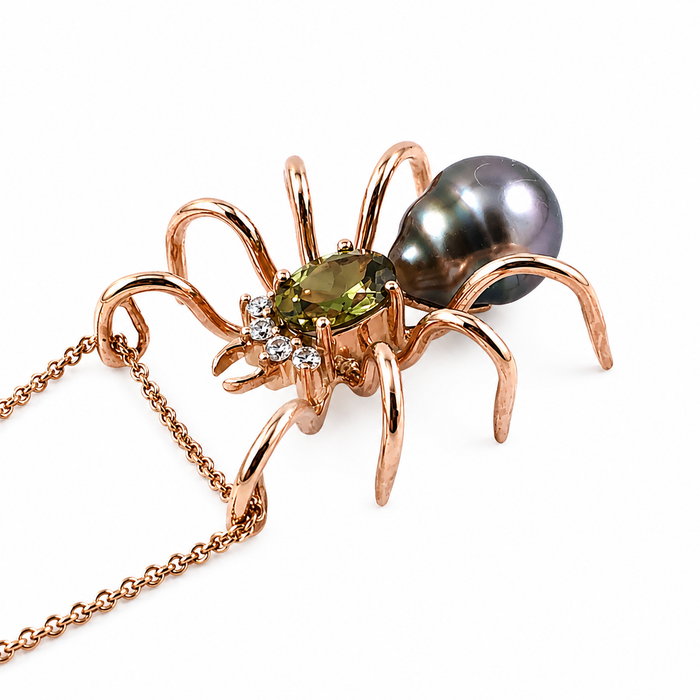 Spider arachnid insect Tahitian pearl Australian parti sapphire 14k rose gold pendant necklace