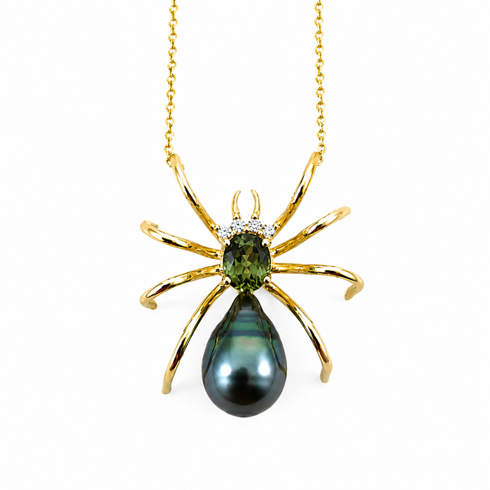 Spider arachnid insect Tahitian pearl Australian parti sapphire 14k yellow gold pendant necklace