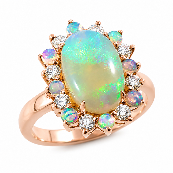Australian jelly opal diamond halo 14k rose gold ring