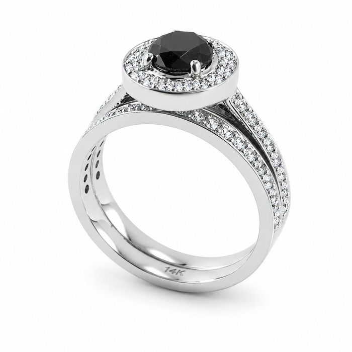 Black diamond round diamond halo 14k white gold wedding ring set