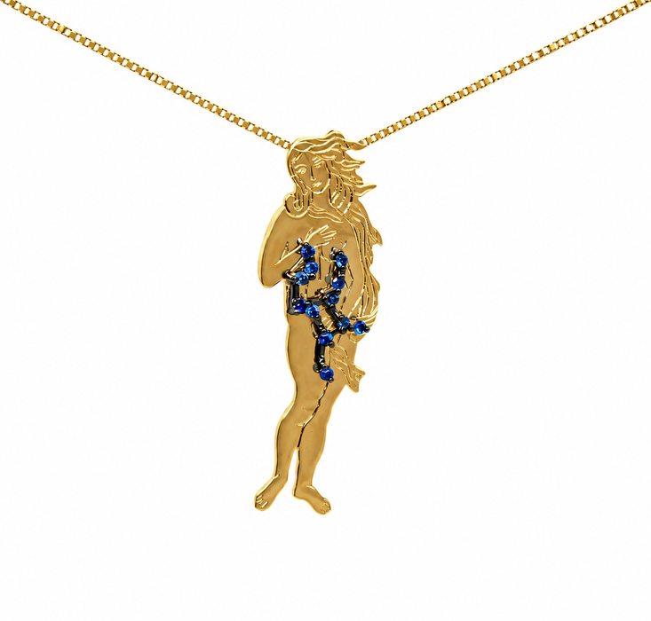 Virgo as Botticelli's Venus solid gold Virgo constellation blue sapphire birthstone pendant