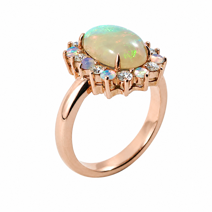 Australian jelly opal diamond halo 14k rose gold ring