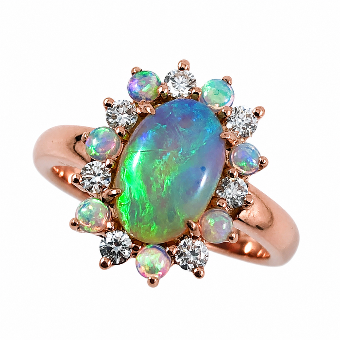 Australian black opal and diamond halo 14k rose gold ring