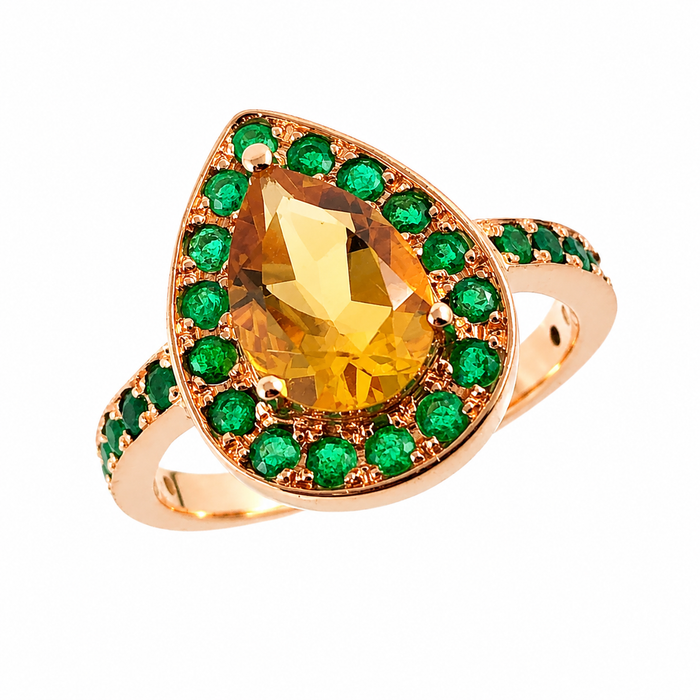 Citrine pear and emerald halo rose gold alternative engagement ring - Customise size, halo gemstones and gold colour
