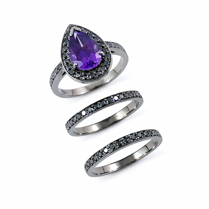 Amethyst pear gemstone halo gold ring - Customise size, halo gemstones and gold colour