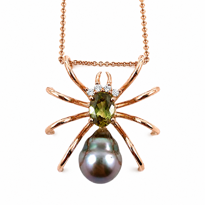 Spider arachnid insect Tahitian pearl Australian parti sapphire 14k rose gold pendant necklace