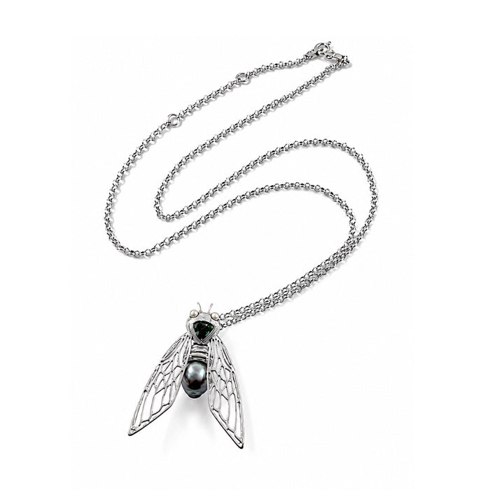 Cicada insect Tahitian pearl Australian green trillion cut sapphire rhodium plated silver pendant necklace