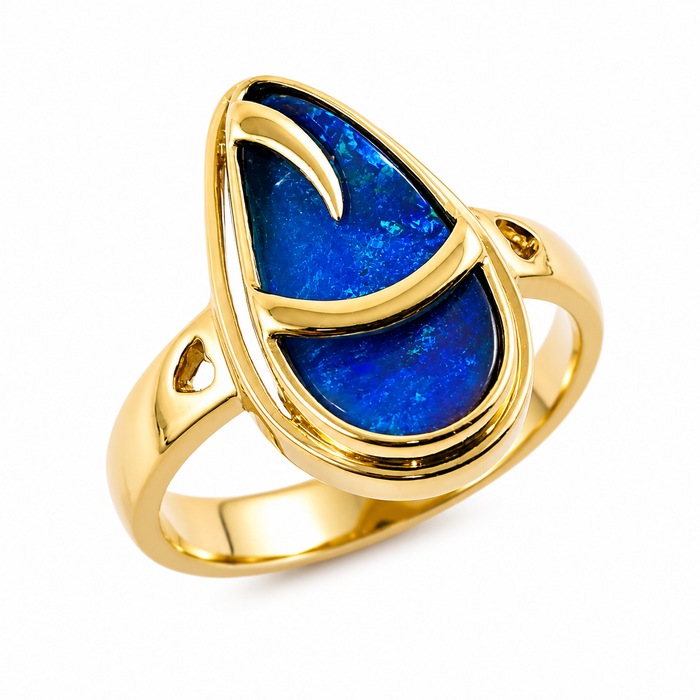 Australian blue Boulder opal organic sprout design solid yellow gold ring Size 11.5 US - Ready to ship or resize
