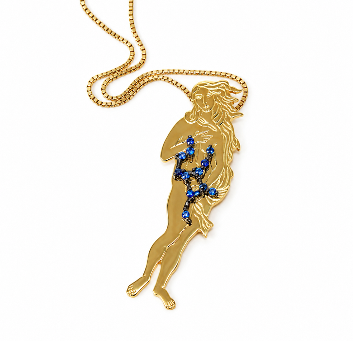Virgo as Botticelli's Venus solid gold Virgo constellation blue sapphire birthstone pendant