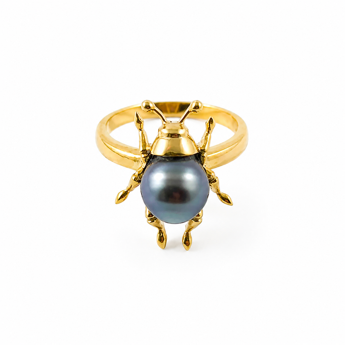 Beetle bug insect Tahitian pearl 14k yellow gold ring