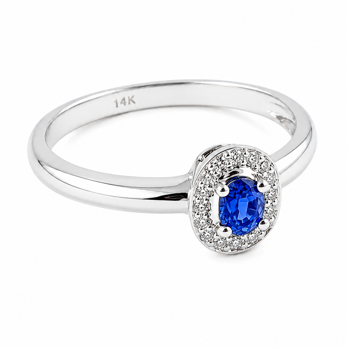 Ceylon sapphire oval and white diamond halo 14k white gold ring