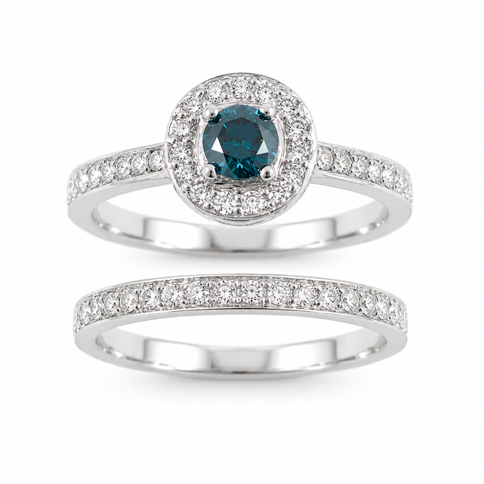 Blue diamond round diamond halo 14k white gold wedding ring set