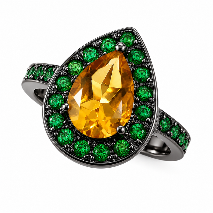 Citrine pear and emerald halo rose gold alternative engagement ring - Customise size, halo gemstones and gold colour