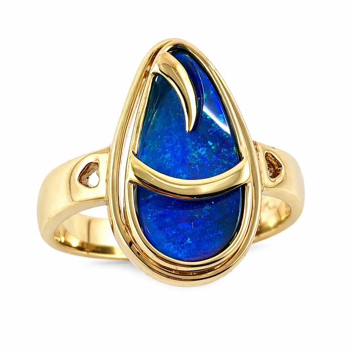 Australian blue Boulder opal organic sprout design solid yellow gold ring Size 11.5 US - Ready to ship or resize