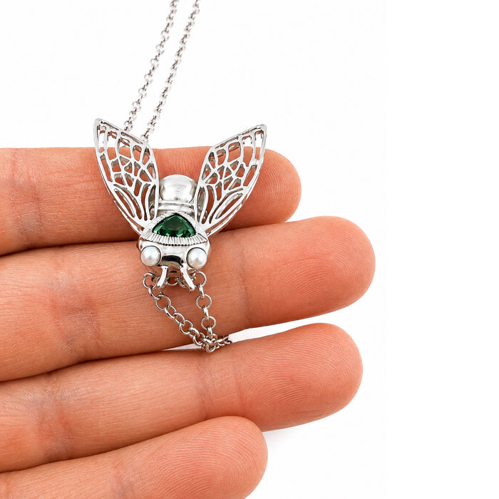 Cicada insect Tahitian pearl Australian green trillion cut sapphire rhodium plated silver pendant necklace